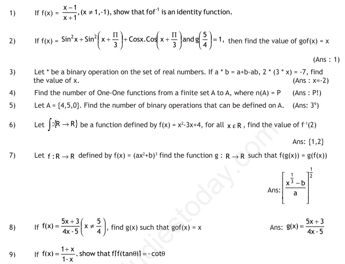 CBSE Class 12 Mathematics Relations And Functions Assignment Set D